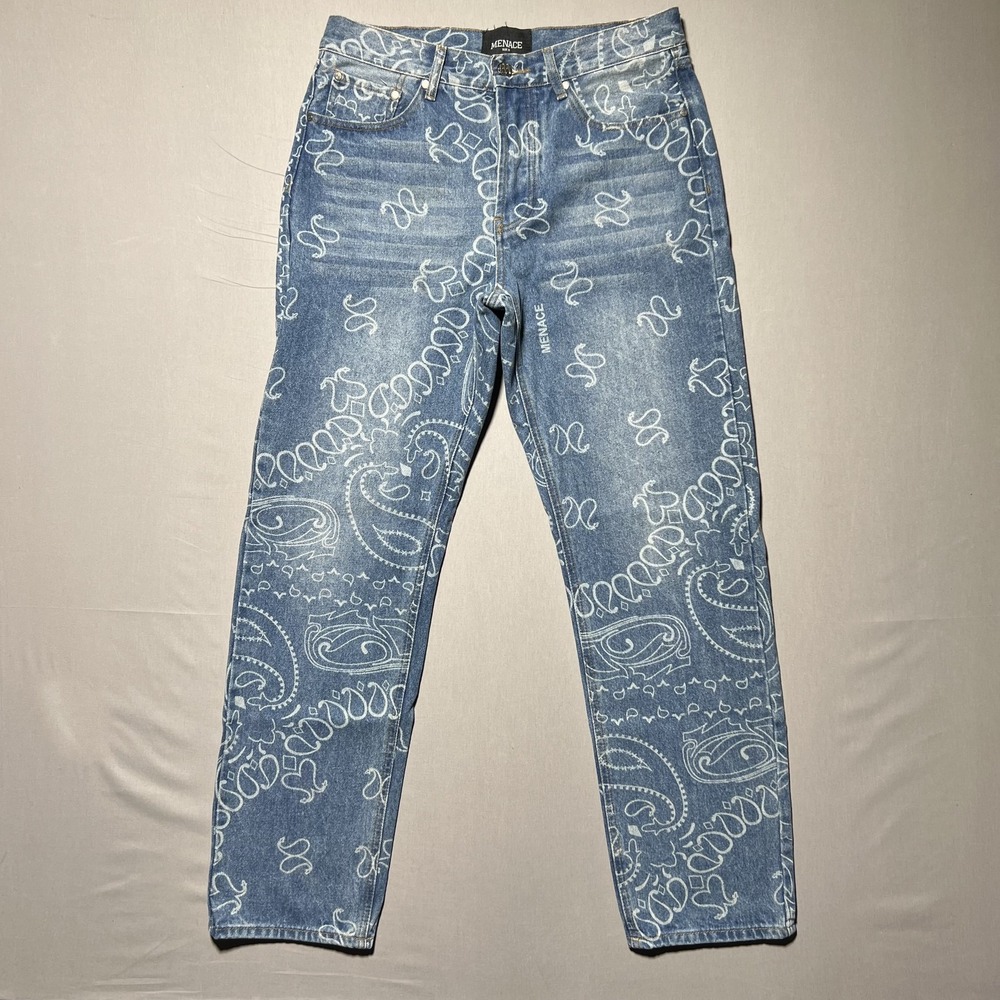 Menace Jeans Mens 32 Blue Denim Paisley Print Straight‎ Leg Streetwear 33x31
